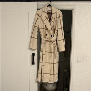 DKNY Cream and Brown Plaid Trench Coat